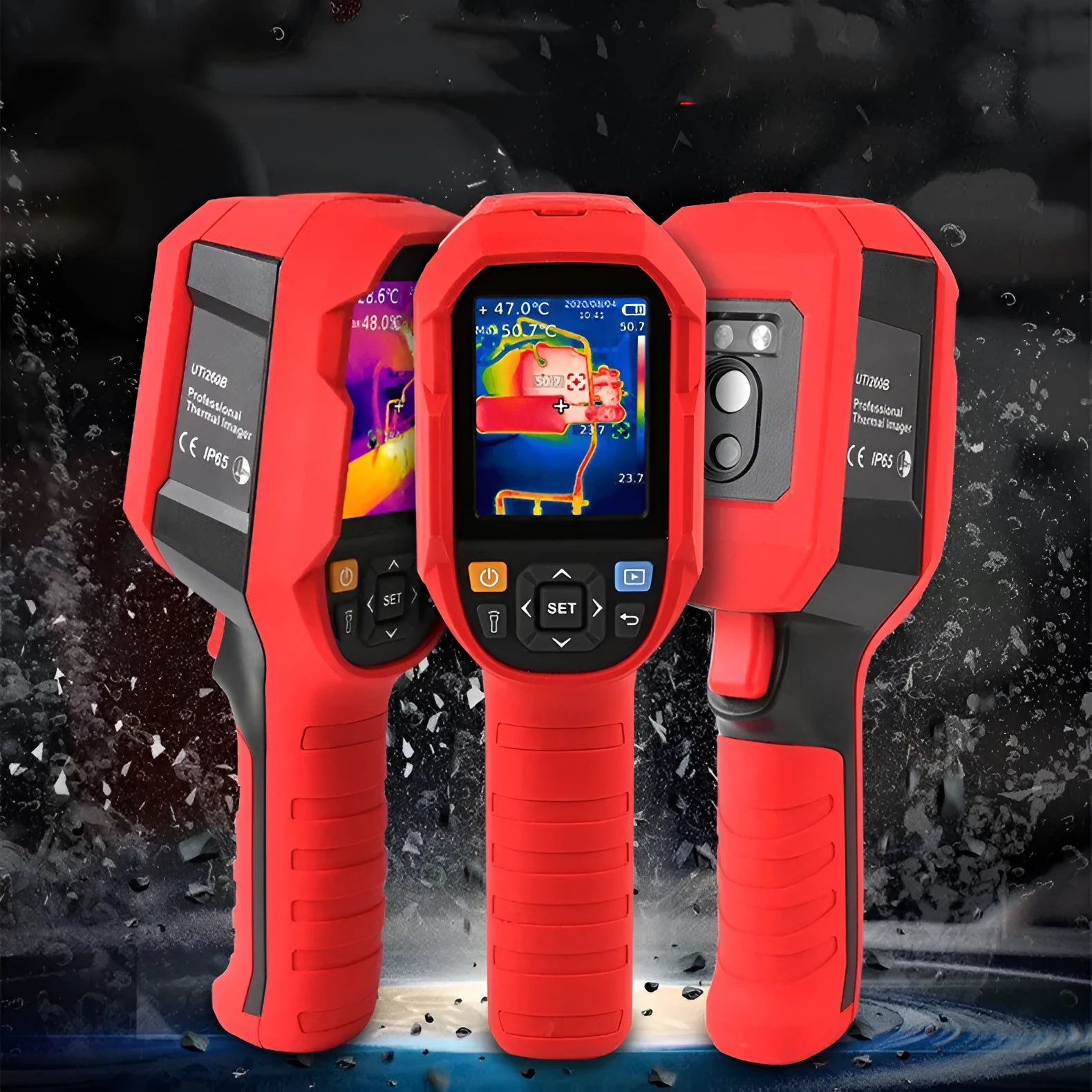 UTi series handheld infrared thermal imaging camera on a workbench with SD card and USB cable.