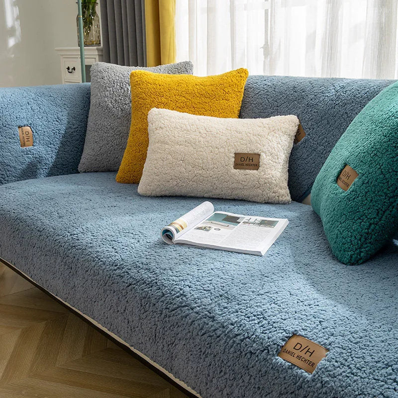 Modern solid colour thicken plush sofa cover with anti-slip backing, lamb velvet texture, beige colour