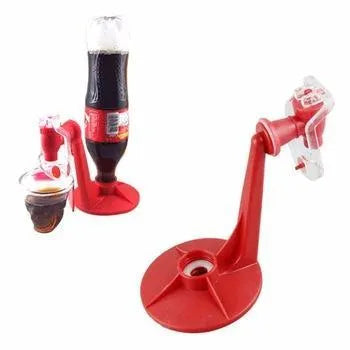 Red plastic Magic Tap soda dispenser mounted on inverted 2-litre bottle