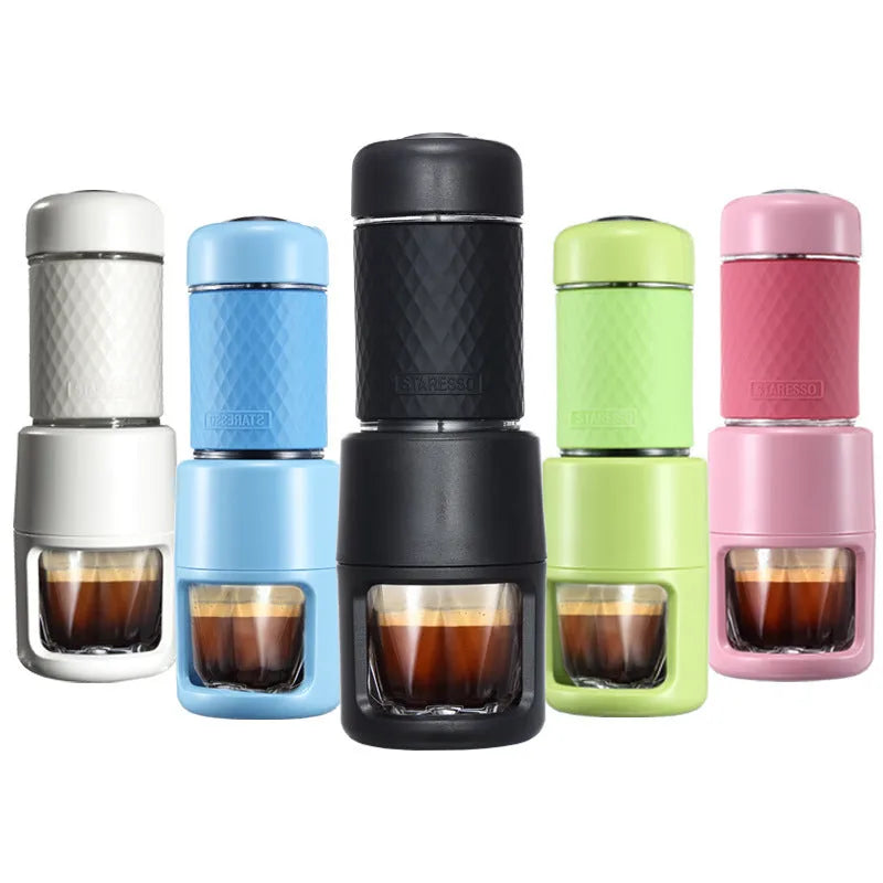 Portable manual espresso coffee machine in black, stainless steel, 7x7x20.3 cm