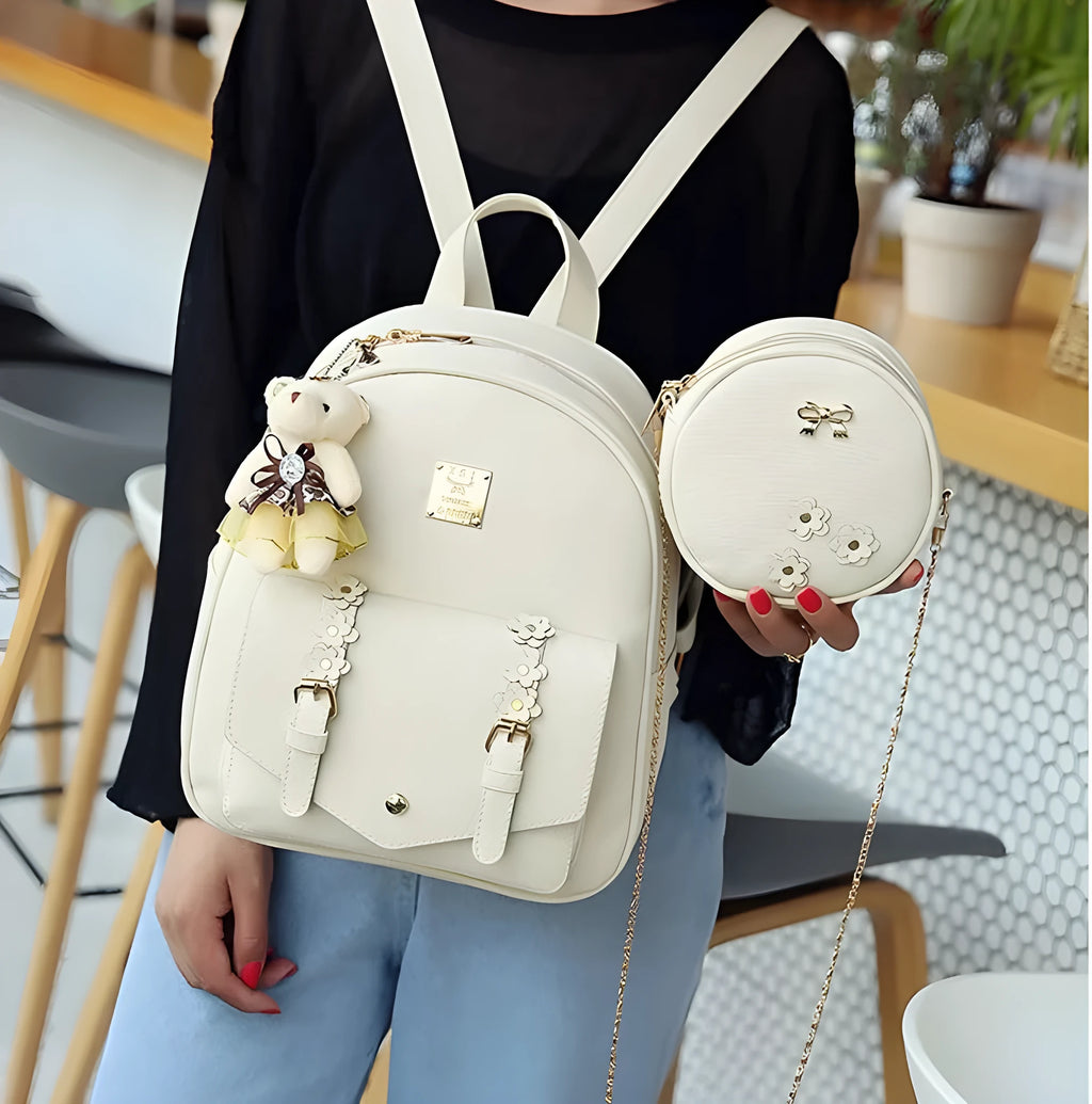 Three-piece PU leather bag set for teenage girls including backpack, shoulder bag and card holder