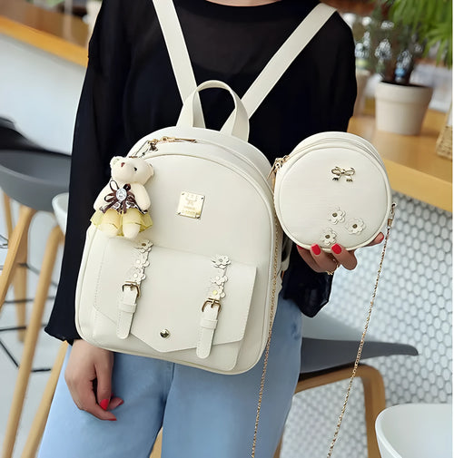 Three-piece PU leather bag set for teenage girls including backpack, shoulder bag and card holder