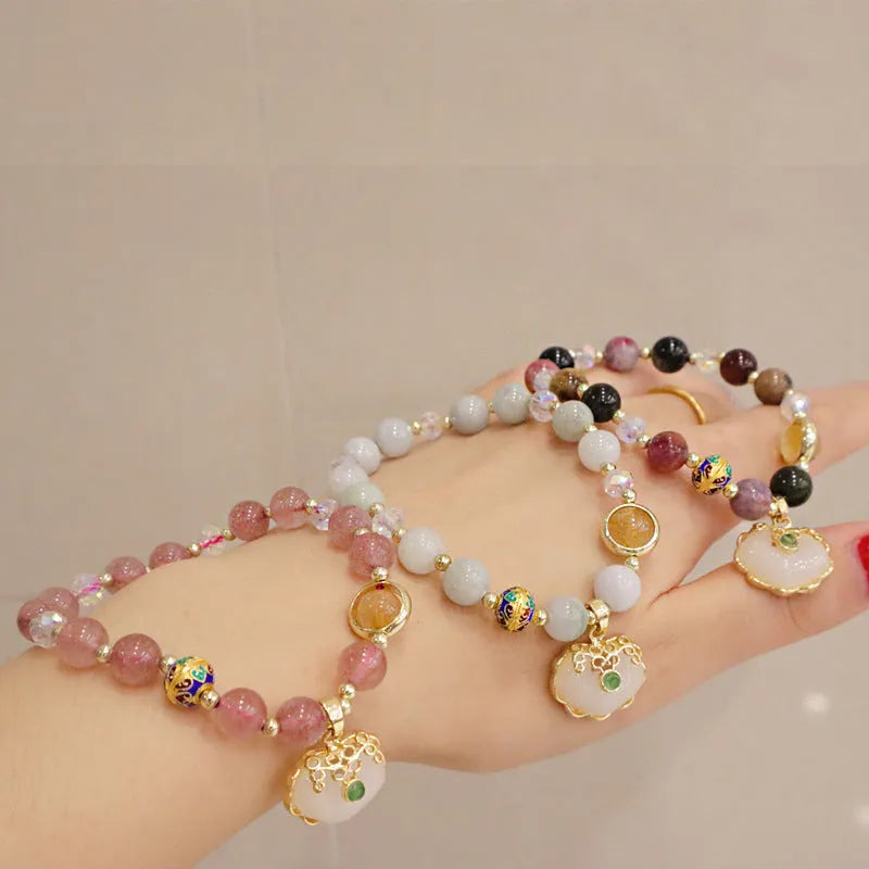 Women's jade geometric bracelet with metal ethnic decoration in Gray Jade and Strawberry Quartz