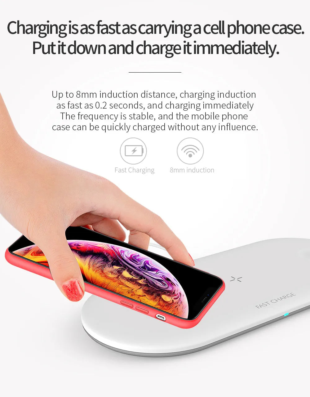 White three-in-one wireless charging station for Apple Watch, iPhone, and earbuds on a desk.