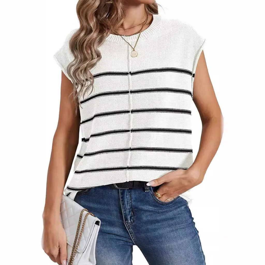 Women's striped sleeveless acrylic pullover vest in apricot colour on a hanger, showing bone stitching detail.