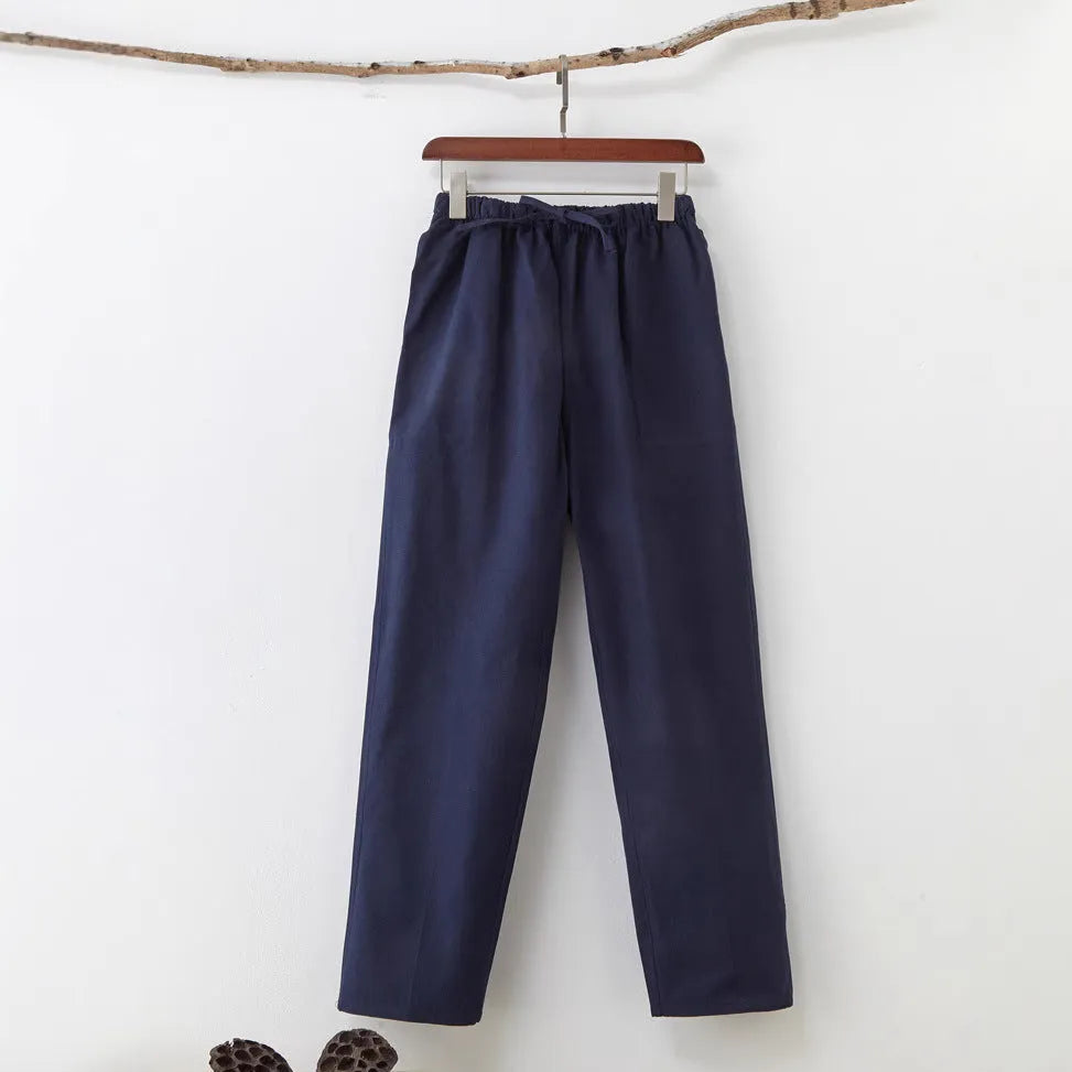 Men's solid colour pure cotton casual trousers with drawstring waist, available in multiple colours