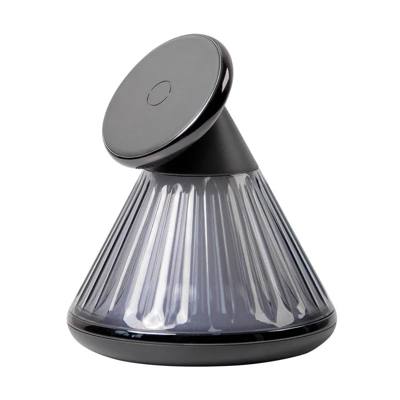 Night table lamp with magnetic wireless charger base in champagne gold, showing Type-C port and adjustable brightness controls