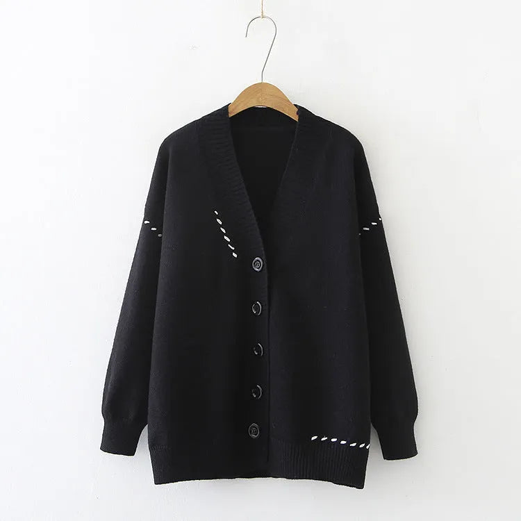 Women's black polyester knitted cardigan top coat with long sleeves and loose fit