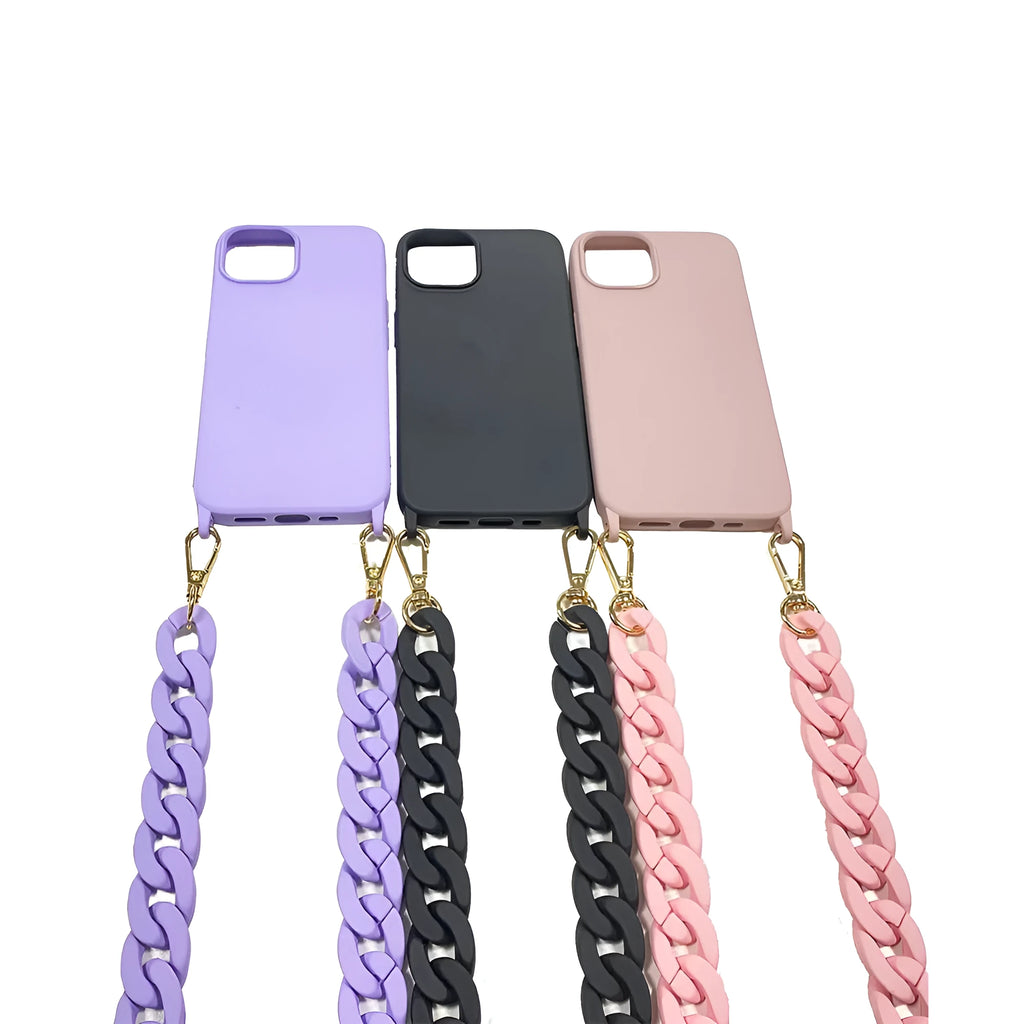 DIY frosted handle chain phone cover in liquid silicone for iPhone, available in pink shell colour