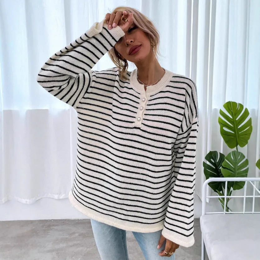 Women's black striped viscose fibre top with drop shoulder sleeves and loose casual fit