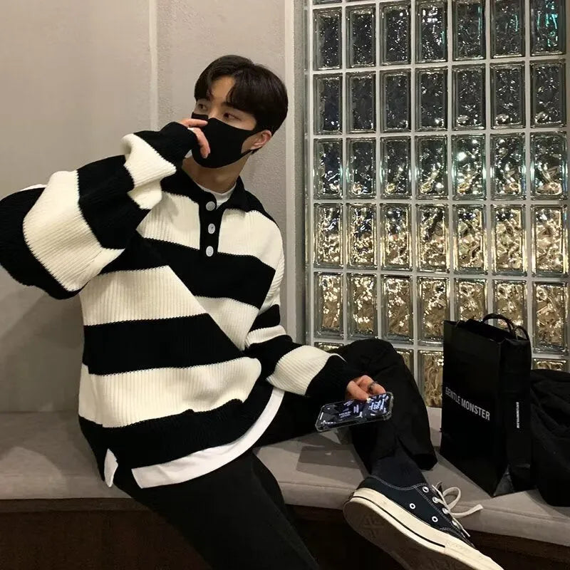 Men's loose striped pullover coat sweater in black, long sleeves, polyester knit, front view
