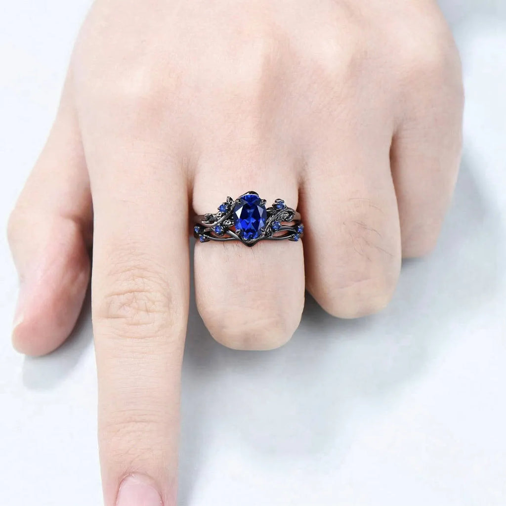 Gun black copper ring with navy blue rhinestone inlay for women geometric design