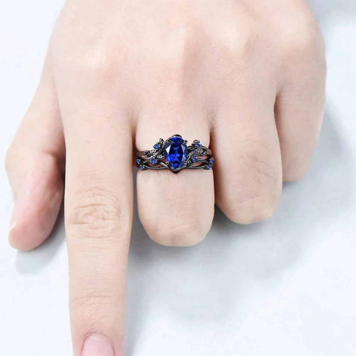 Gun black copper ring with navy blue rhinestone inlay for women geometric design
