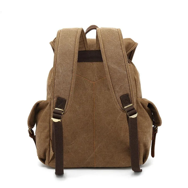 Retro canvas backpack in military green with antique bronze hardware, 33x42x16cm, for 16-inch laptop travel