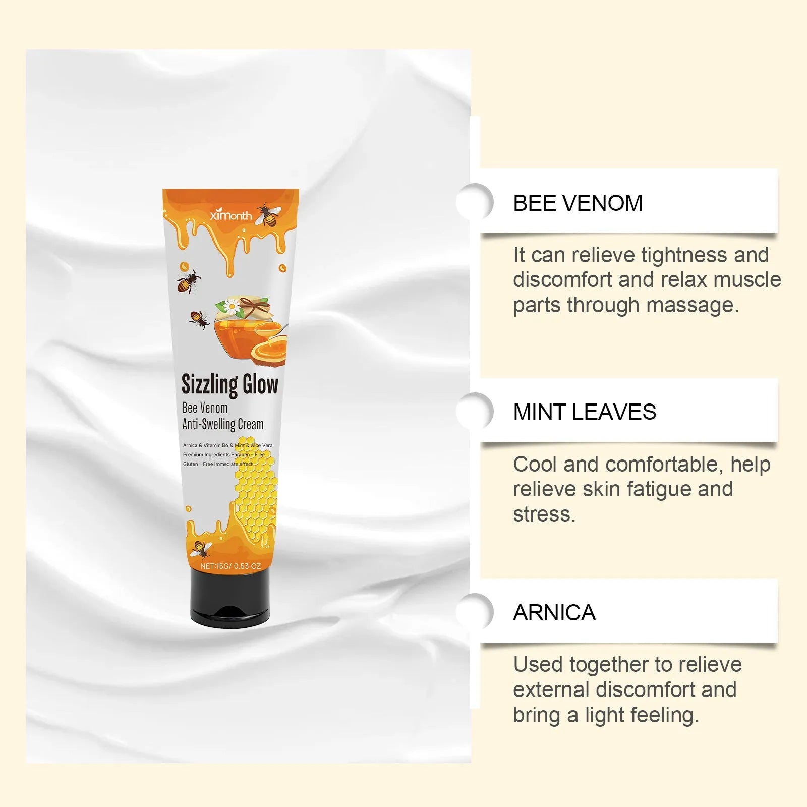 Skin Rejuvenation Daily Care Cream 15g with mint leaf, bee venom, arnica, vitamin B6, and aloe leaf in a white tube