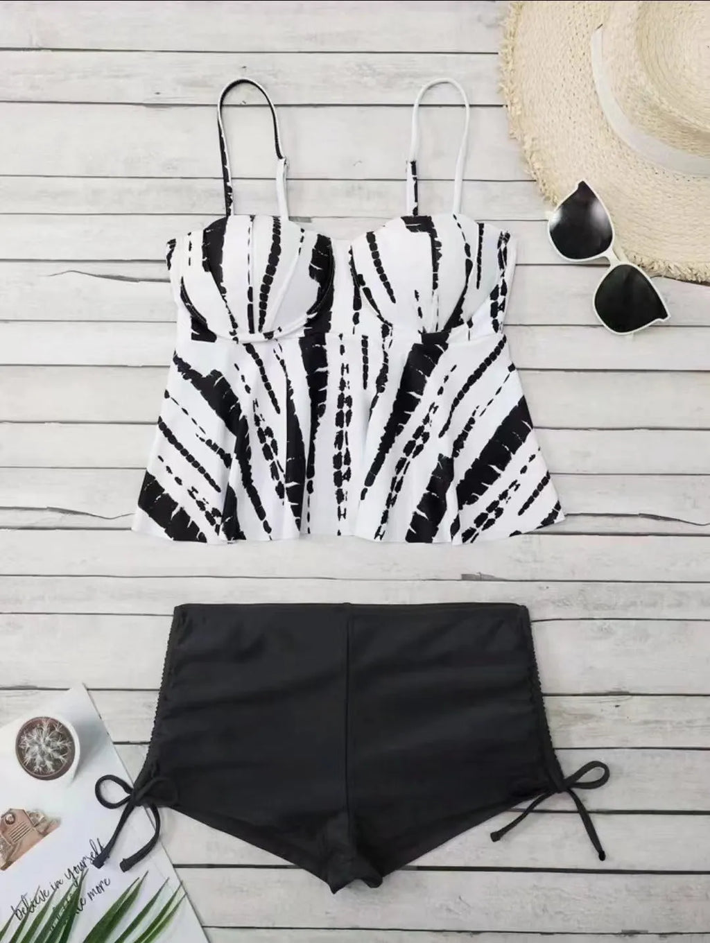 Women's hard bag printed split bikini swimsuit in polyester, white colour, front view with top and shorts