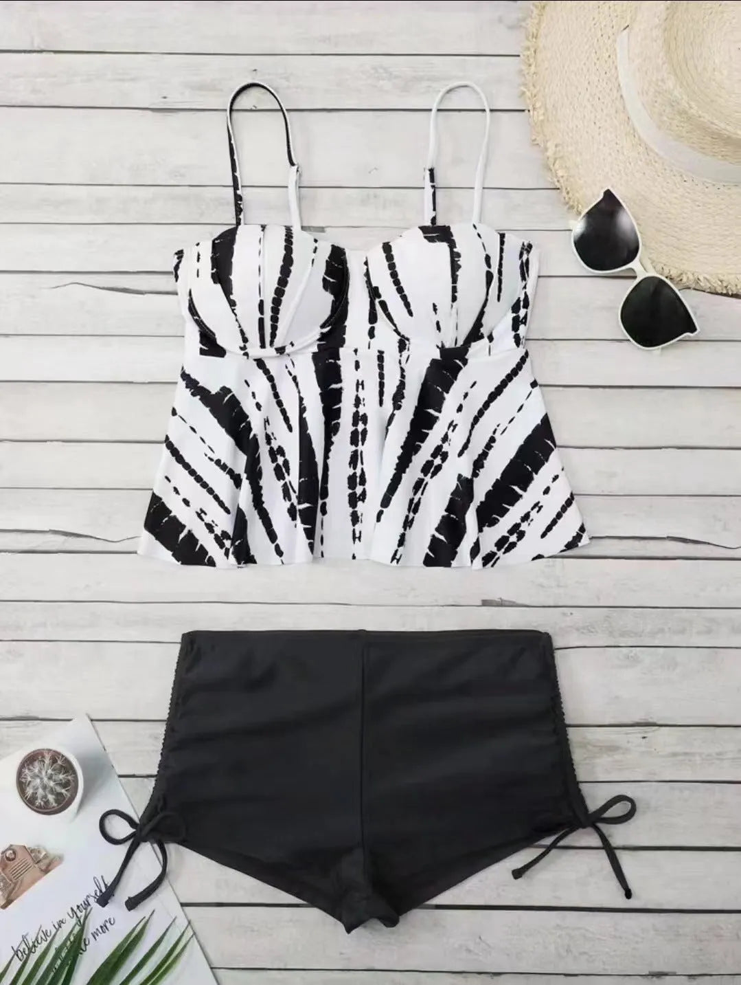 Women's hard bag printed split bikini swimsuit in polyester, white colour, front view with top and shorts