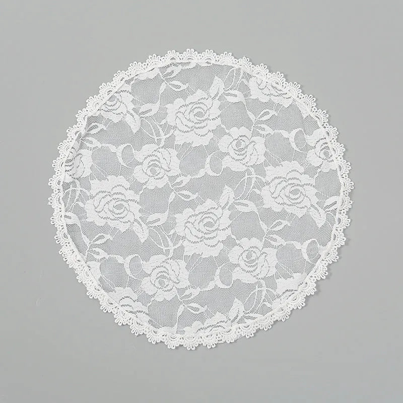 Round polyester bridal head cover with floral decoration in white, 30cm width and length