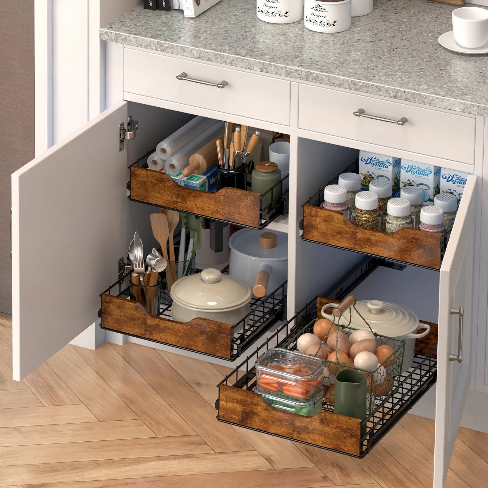 Black kitchen storage basket drawer with wood and iron construction showing pull basket mechanism