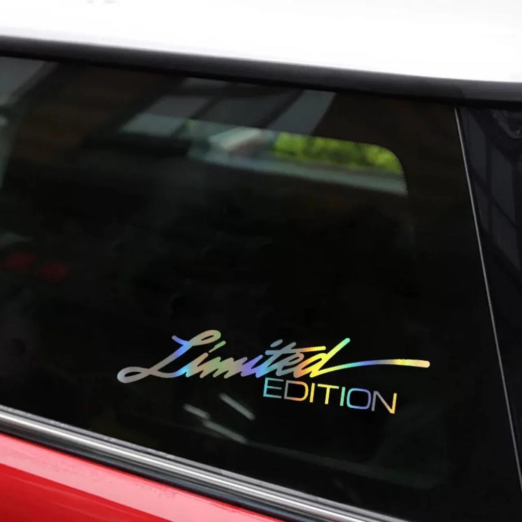 Black laser reflective PET car sticker with text design for vehicle window or body.