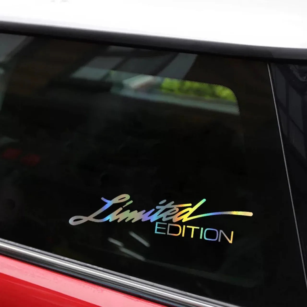 Black laser reflective PET car sticker with text design for vehicle window or body.