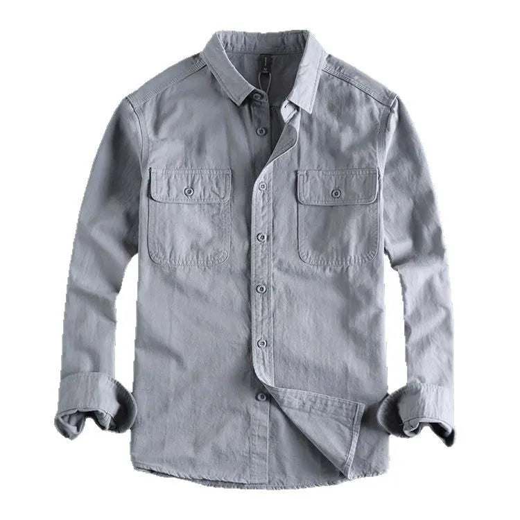 Men's loose fit long sleeve cardigan shirt in light gray, black, khaki, and green polyester fabric