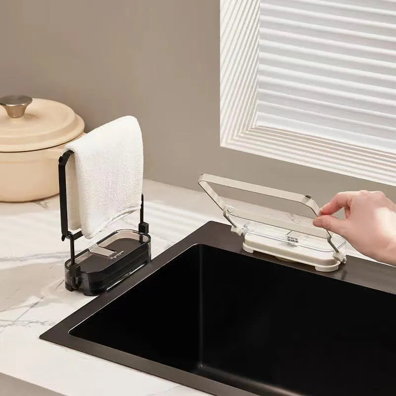 Kitchen sink filter rack with suction cups, fine mesh screen, and disposable filters in dark green gold on a sink drain