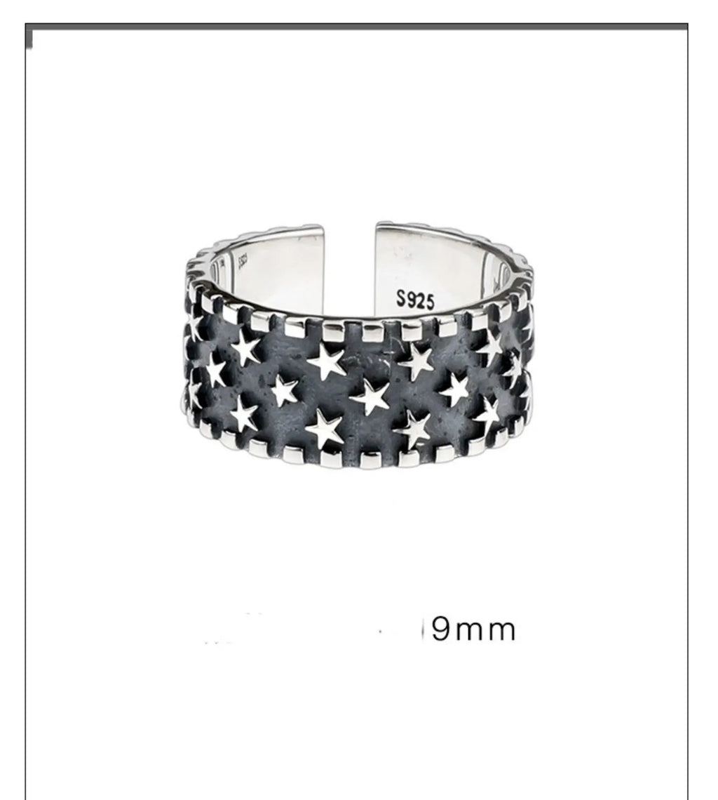 Pure silver geometric star ring with adjustable opening for men and women.