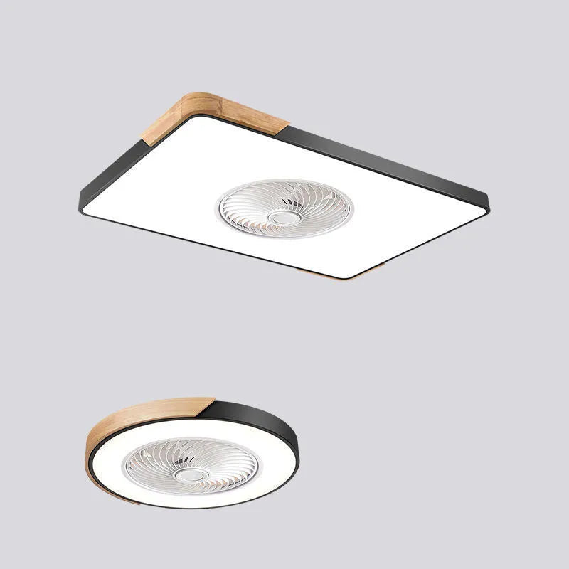 Nordic ceiling fan light with solid wood frame and white PVC lampshade, shown in round, square, and rectangular shape options.