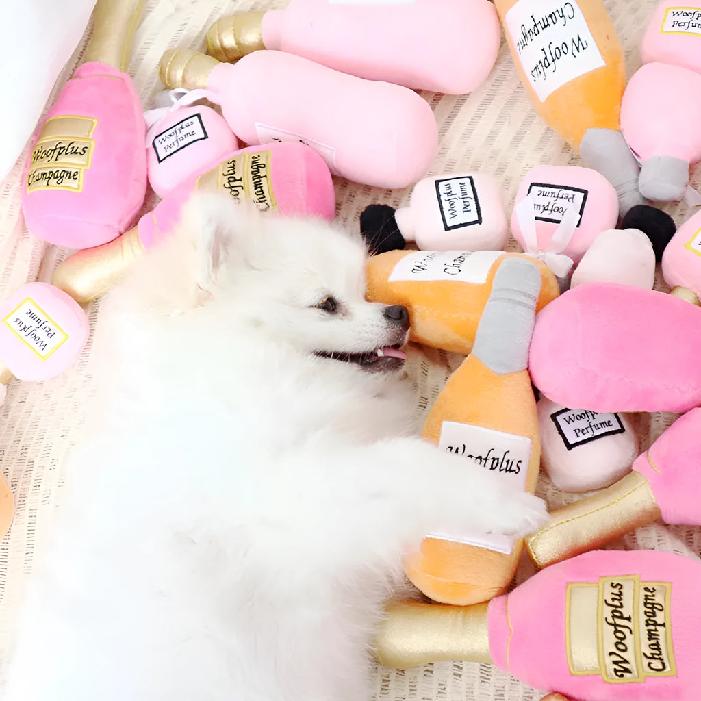 Plush wine bottle dog toy with squeaker in assorted colours