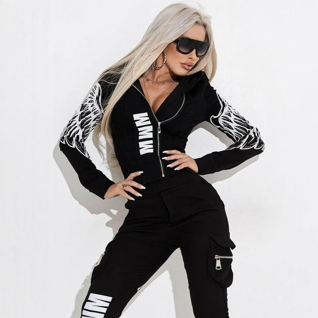 Black women's casual suit with wings print, featuring hooded zipper jacket and matching trousers
