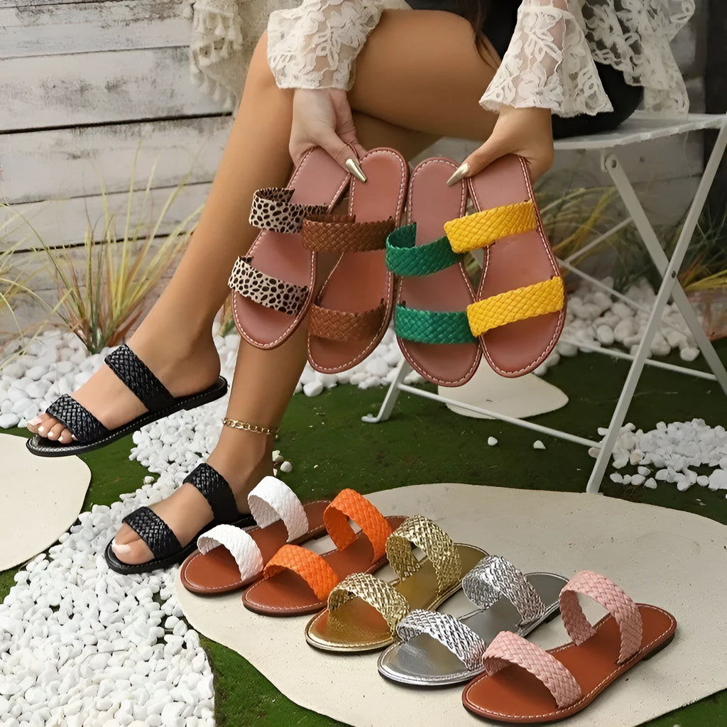 Plus size women's woven beach slippers in synthetic leather with PVC sole, available in multiple colours