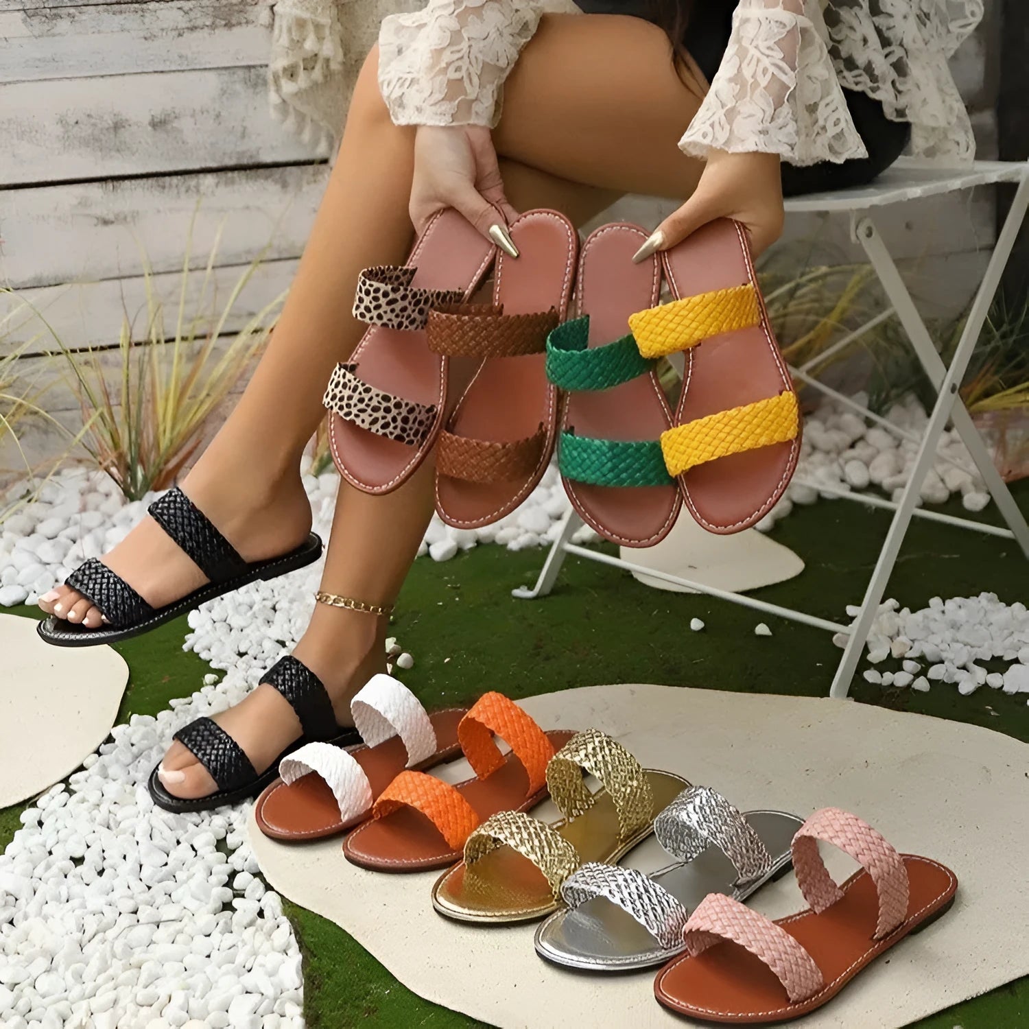 Plus size women's woven beach slippers in synthetic leather with PVC sole, available in multiple colours
