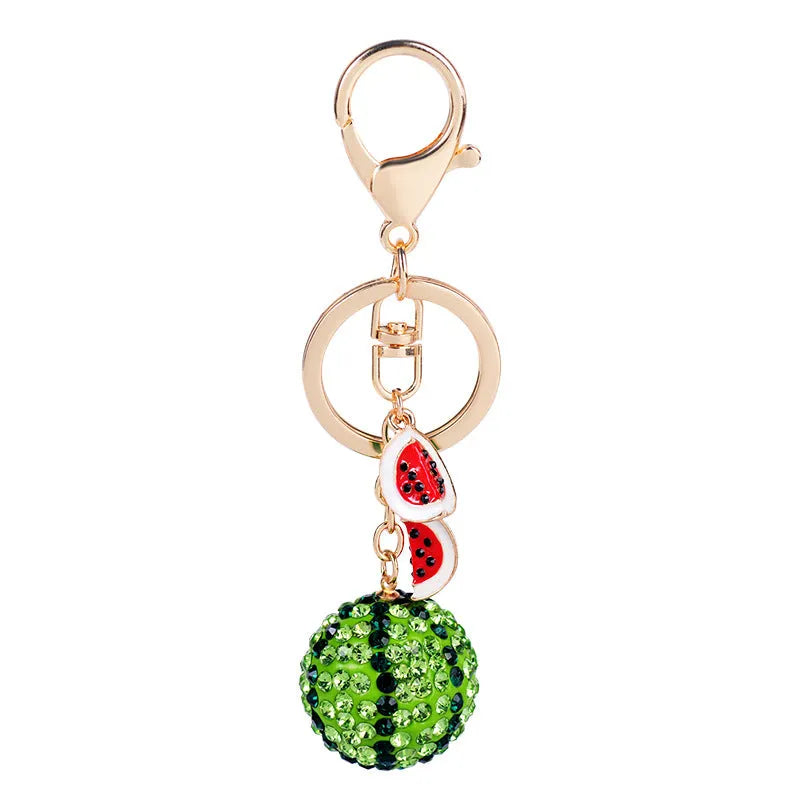 Green watermelon-shaped zinc alloy keychain measuring 12cm with metal chain attachment