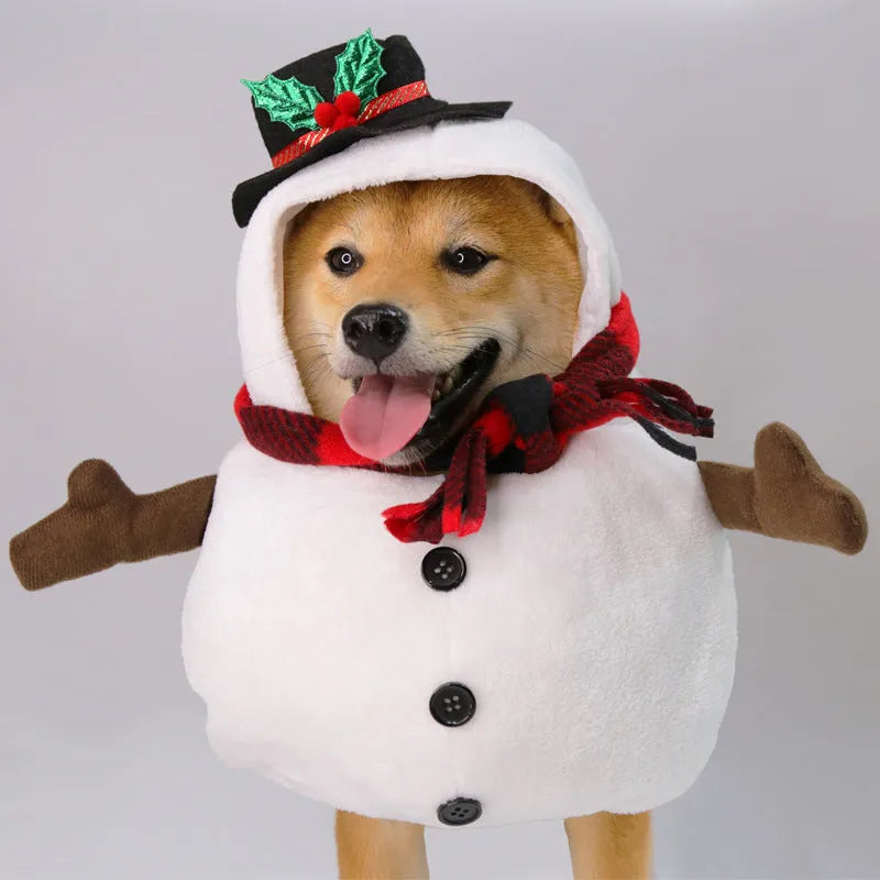 Christmas snowman design dog costume made of polyester on a light background, available in sizes S M L XL