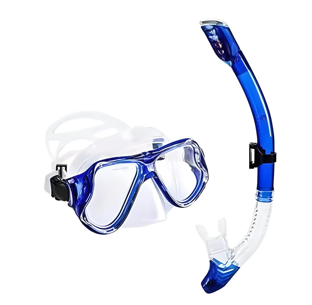 Black diving goggles with anti-fog glass lens, PC frame, and adjustable silicone strap.