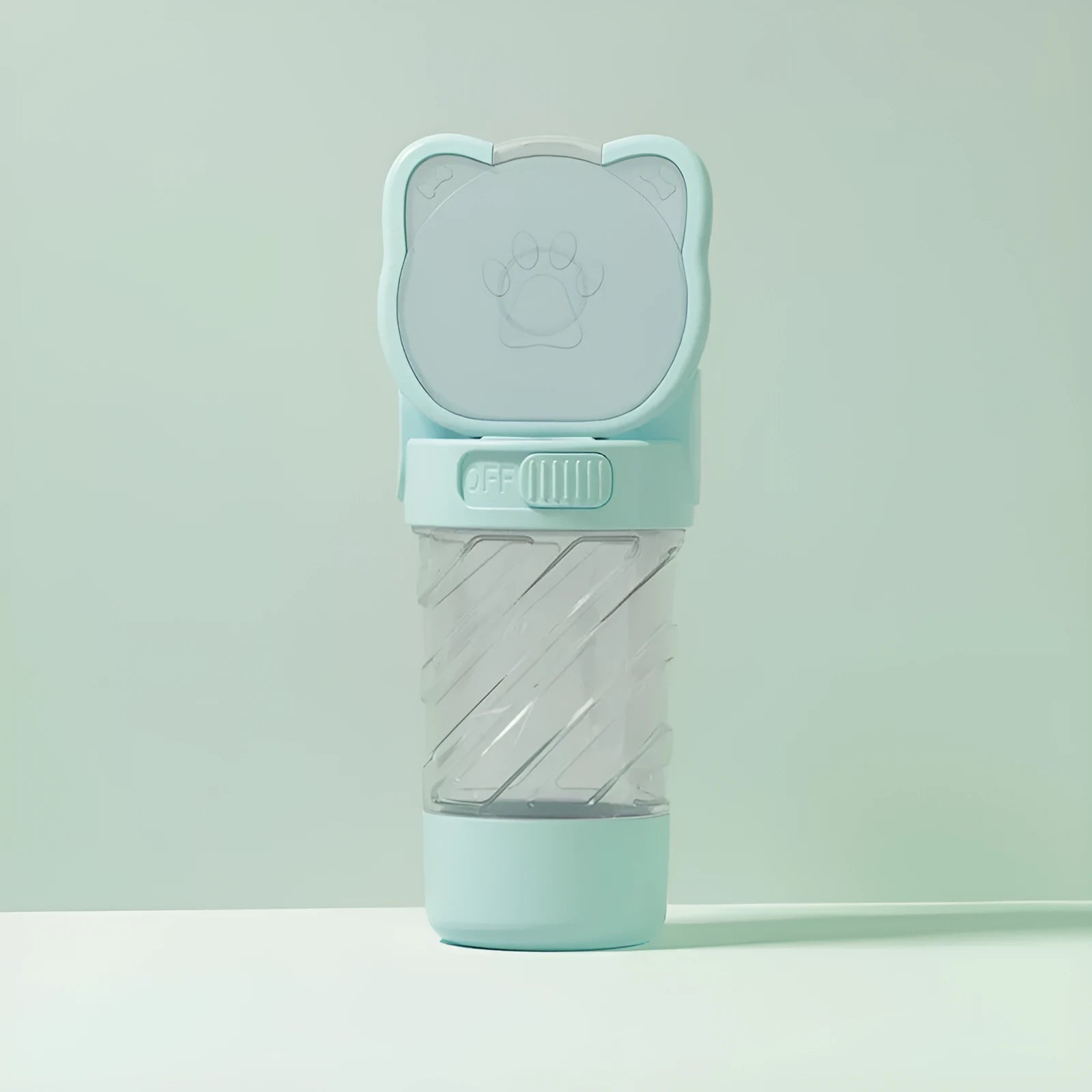 Green 3-in-1 portable pet water bottle with food container and strap, showing rotary switch and bowl.