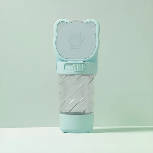 Green 3-in-1 portable pet water bottle with food container and strap, showing rotary switch and bowl.