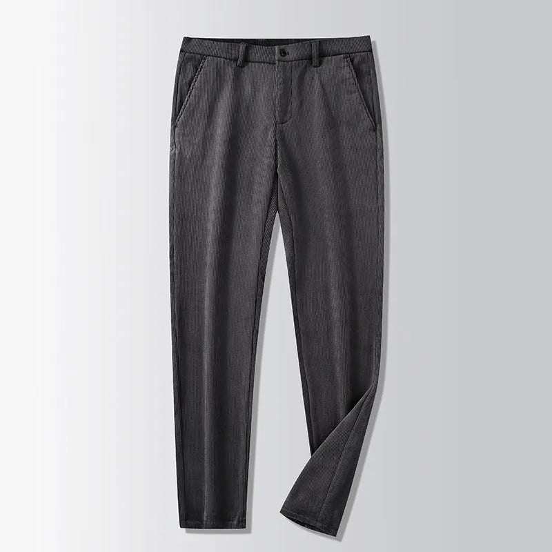 British retro style straight-leg striped trousers in a neutral colour on a hanger.