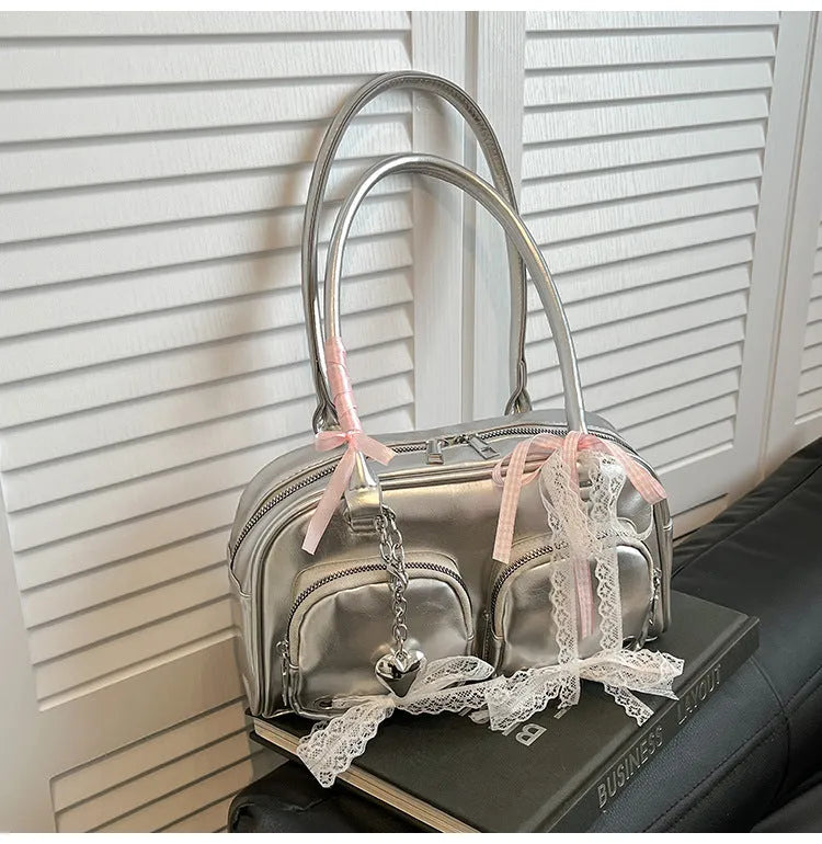 Women's beige horizontal square PU shoulder bag with double straps and internal phone compartment