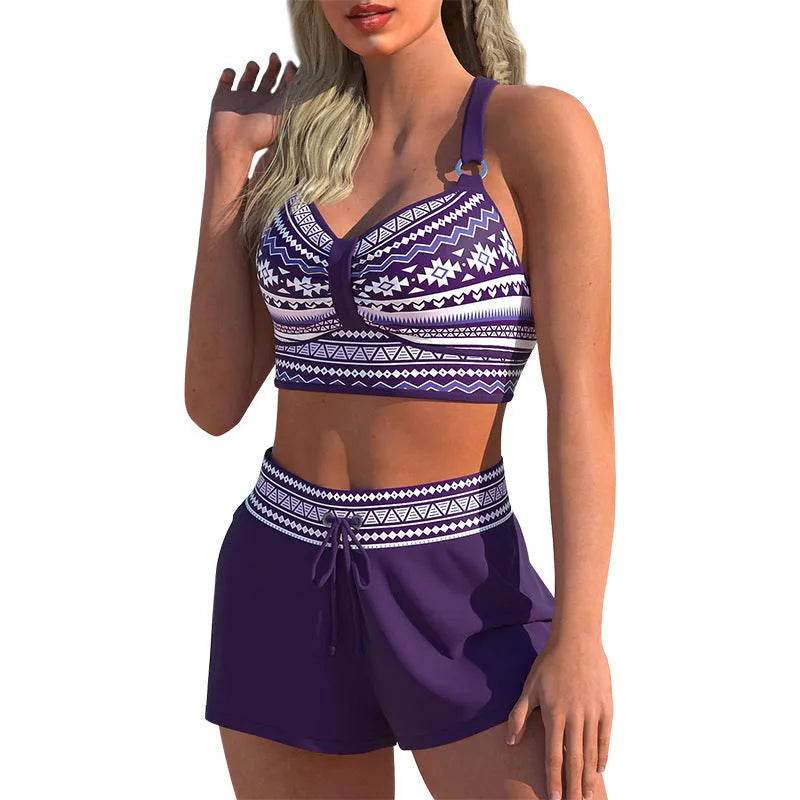 Women's two-piece hot spring swimsuit bikini in polyester, sizes S-XL, available in navy blue and print colours