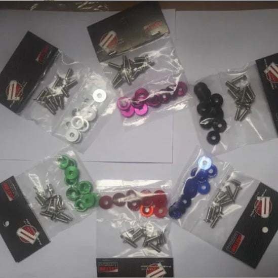 Ten car modification gasket screws in assorted colours on a dark background