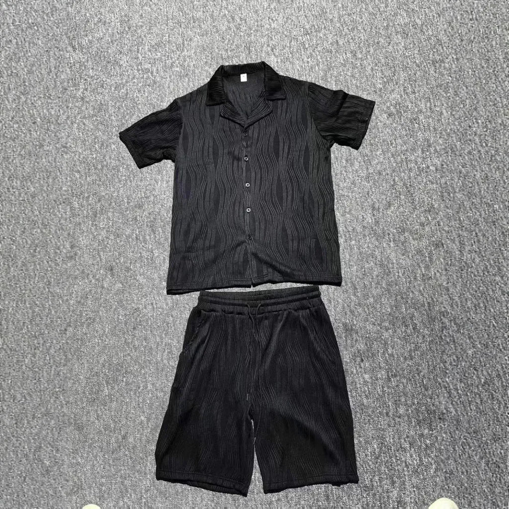 Men's wave pattern casual short sleeve shorts suit in black, cotton blend fabric, shown with matching top and shorts