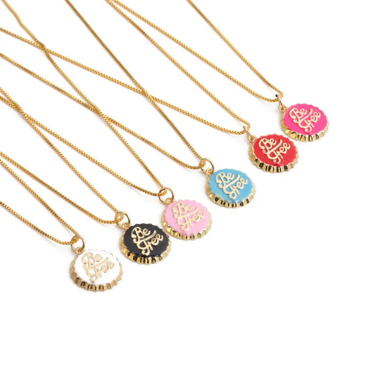 Copper bottle cap pendant necklace with electroplated 18K gold finish on 40cm box chain