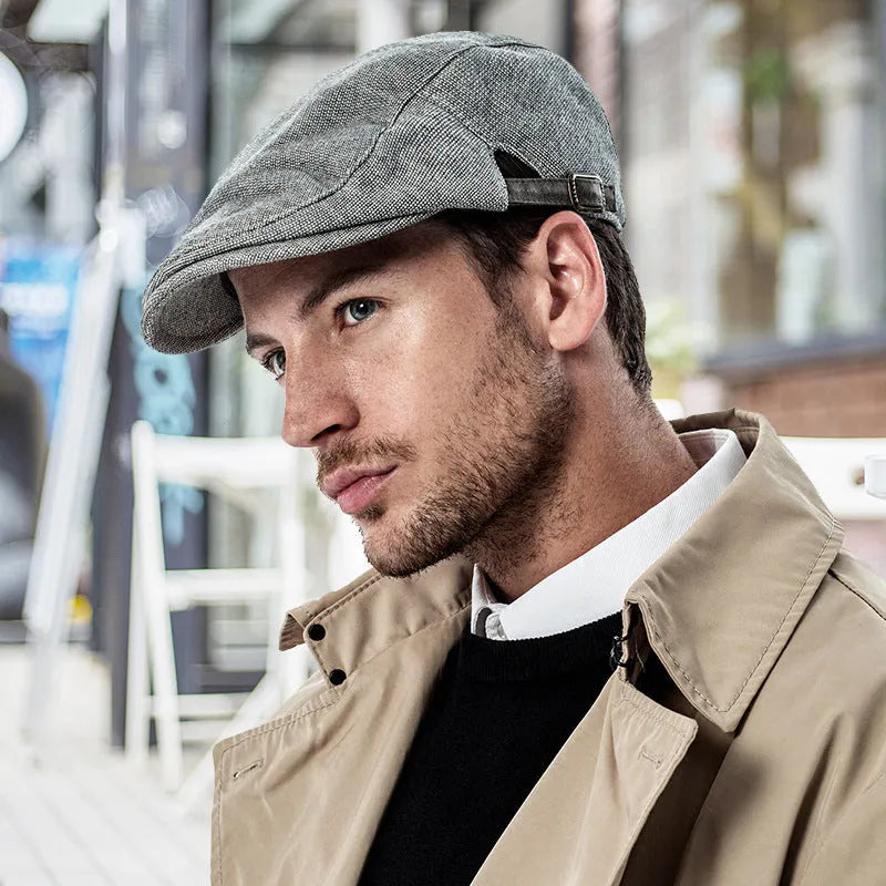 Men's cotton linen breathable beret pure colour dome crown cap in dark gray free size adjustable