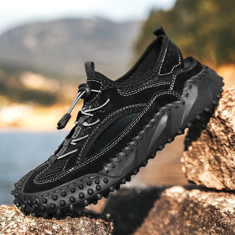 Men's non-slip hollow wading sandals in 8854 Black with leather mesh upper and rubber sole
