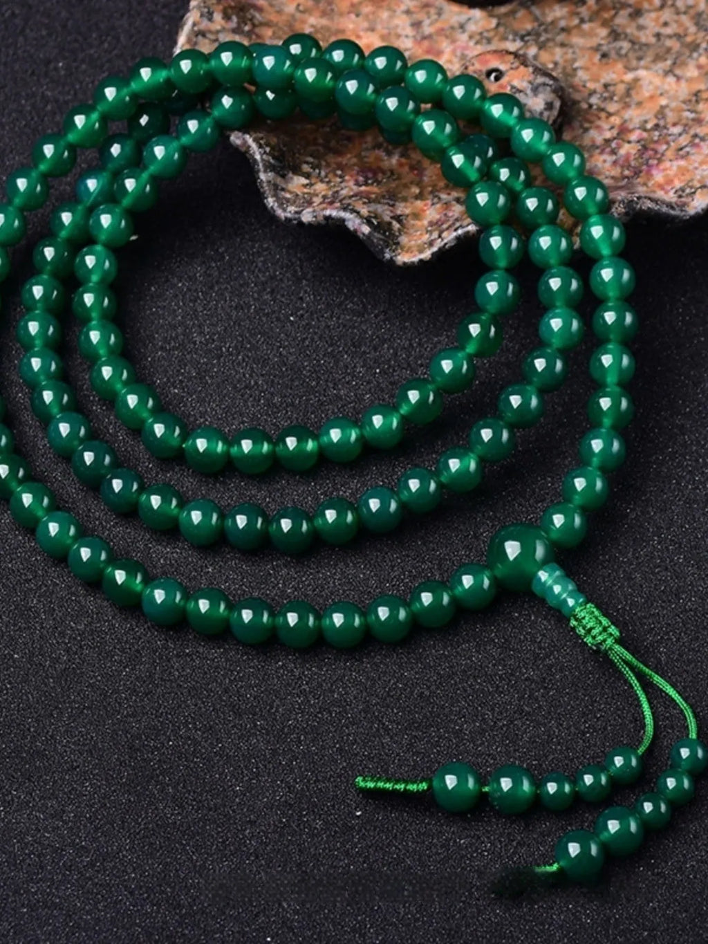 Natural green agate 108 Thangka pendant multi-circle bracelet on display