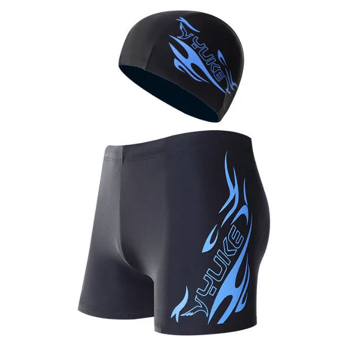 Men's plus size swim trunks and cap set with flame pattern design on black background