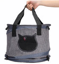 Fodable grey foldable pet carrier bag made of Oxford cloth, with top skylight and side storage pockets, 36x53cm size.