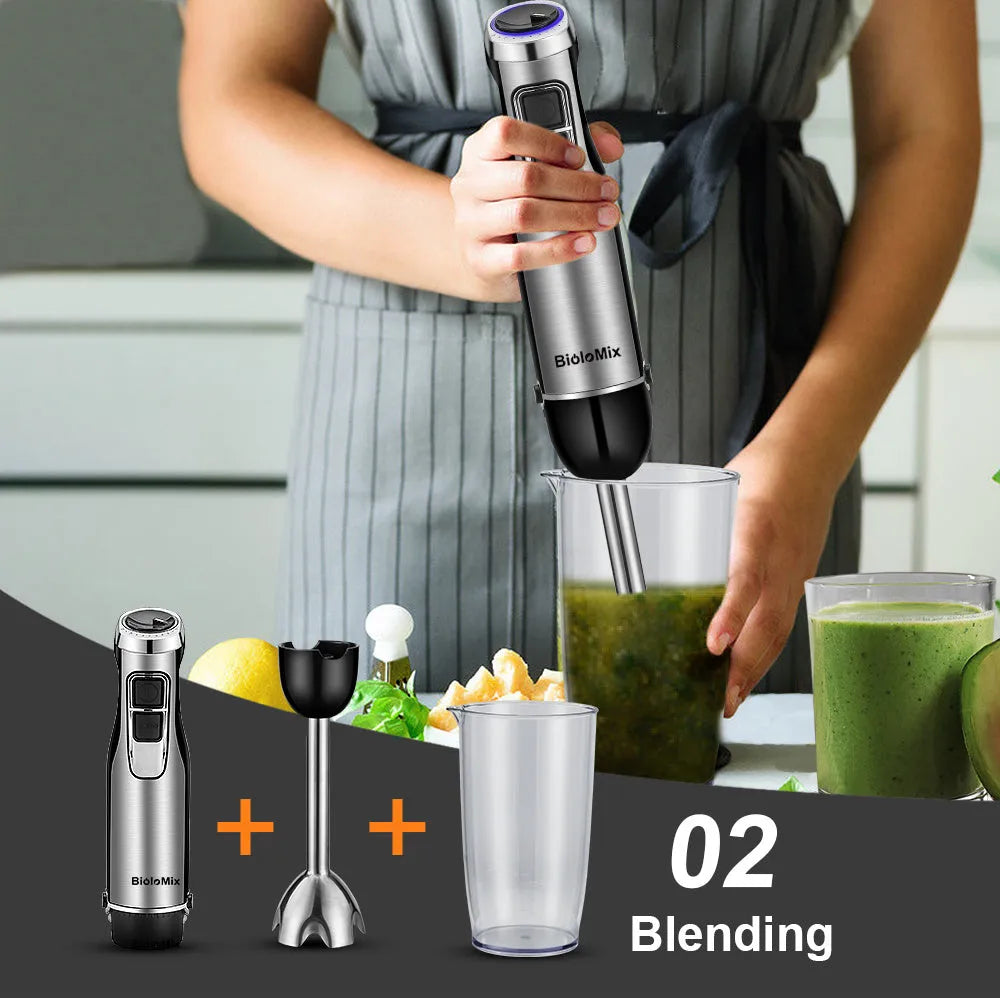 Biolomix stainless steel 4-in-1 hand blender with whisk, chopper bowl, and blending beaker on a black background